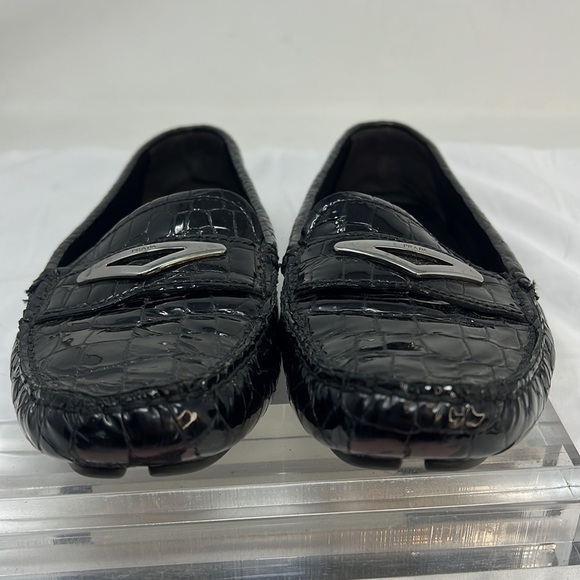 Prada Sz 9.5 Black Crocodile Embossed Patent Leather Driving Moccasins Loafers - Picture 9 of 11